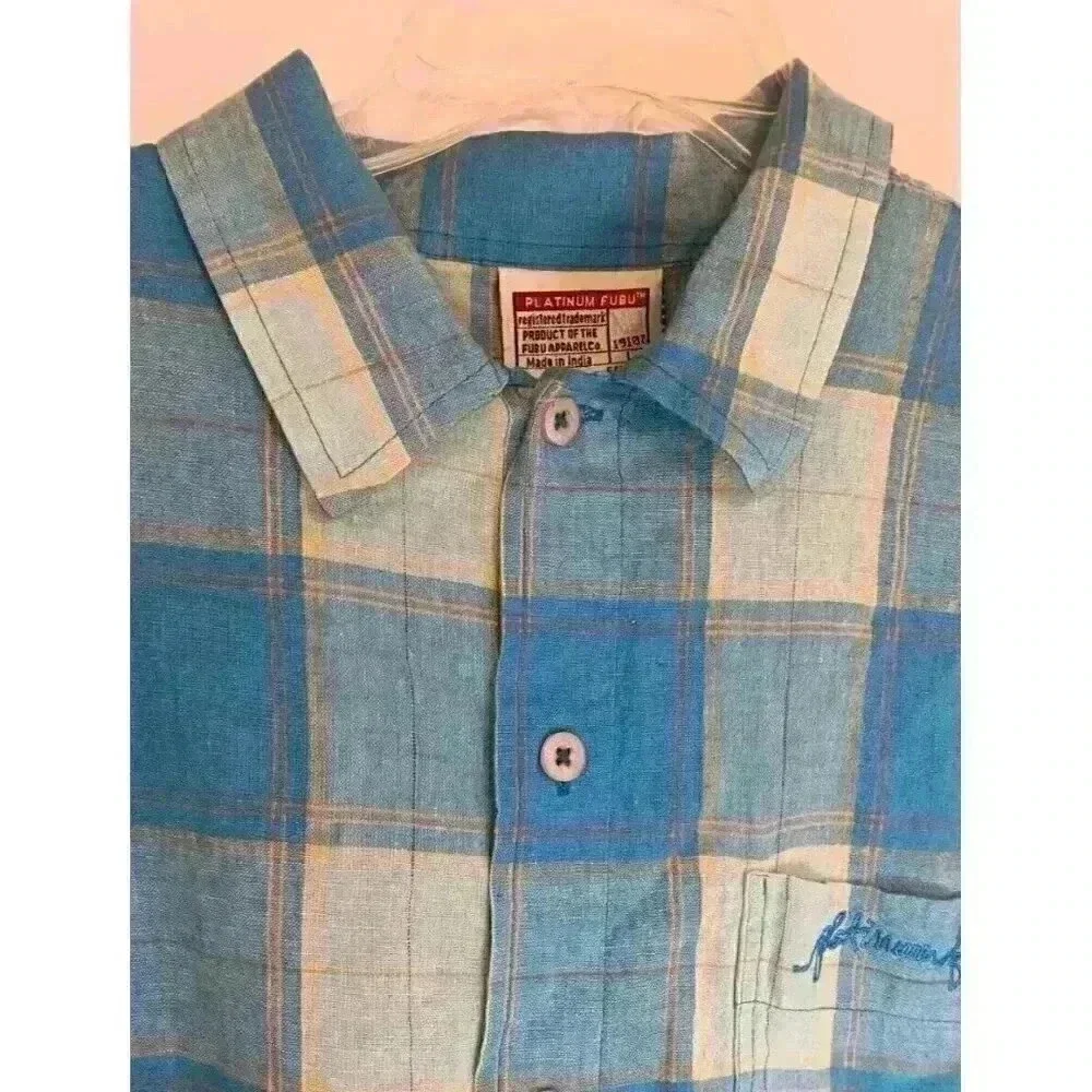 Fubu‎ Platinum Mens Blue Plaid Short Sleeve, Size L